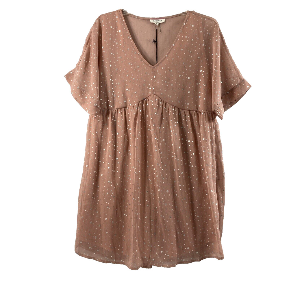 Andree by‎ Unit Dress Womens Medium Pink Metallic Silver Stars Sheer Flowy NWT
